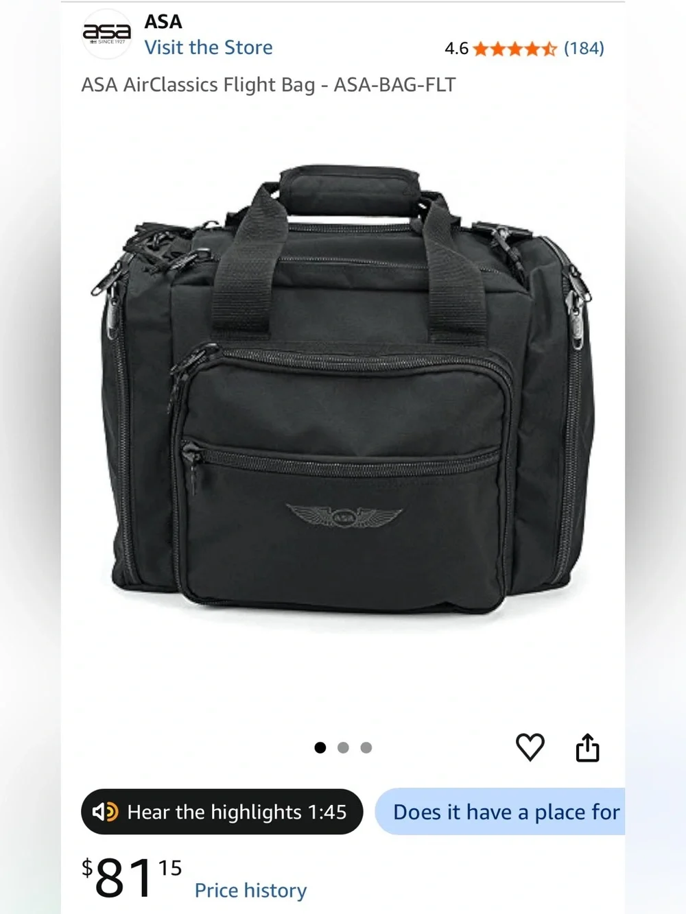AirClassics Black Flight Bag - Durable Pilot Carry Bag